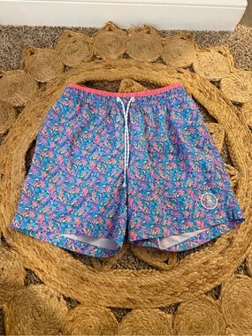 chubbies Pink Swim Shorts with Blue Logo Patch